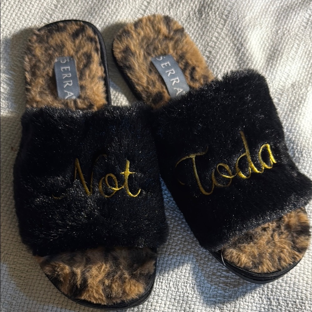 Black and Brown Furry Slides with Gold Embroidery